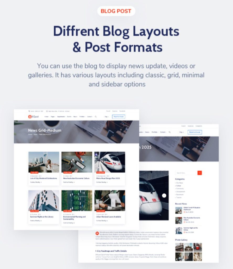 Different Blog Layouts of Egovt Poitical WordPress Theme