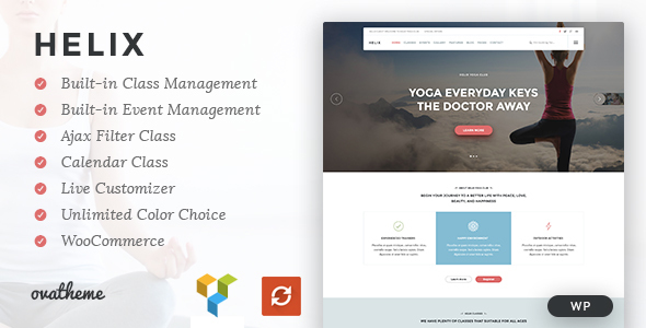 Helix Yoga WordPress theme allows to build a successful online site with class management, trainer profiles, event pages