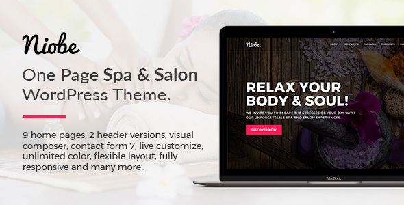 Niobe Spa Landing Page WordPress Theme with 10 homepage versions, Full-features to show treatment, Etiquette, gallery