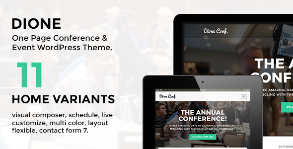 Dione Conference Landing Page WordPress Theme with 10 homepages; display speakers, schedule & nearby hotels