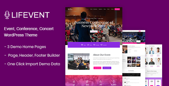 Lifevent Event Conference WordPress Theme with full features: 3 homepage demos, schedule options, speaker management