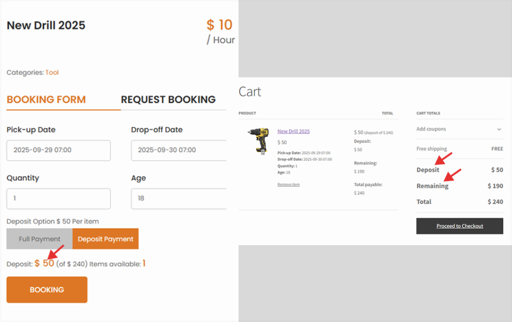 rental plugin deposit payment