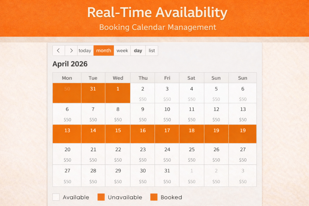 Real-time availability booking calendar management for a car rental website showing available, unavailable, and booked dates