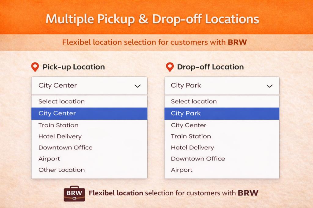 Car rental booking interface showing multiple pickup and drop-off locations such as City Center and City Park using BRW plugin