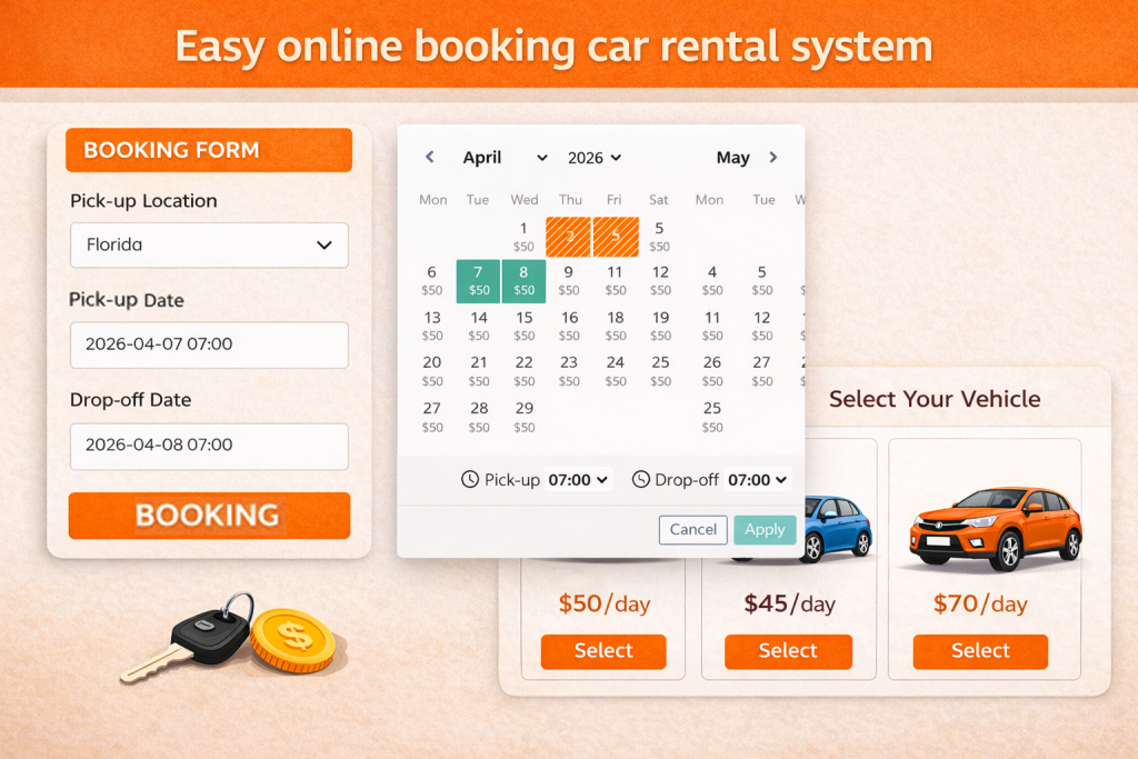 Easy online booking car rental system with booking form, pickup and return dates, interactive calendar