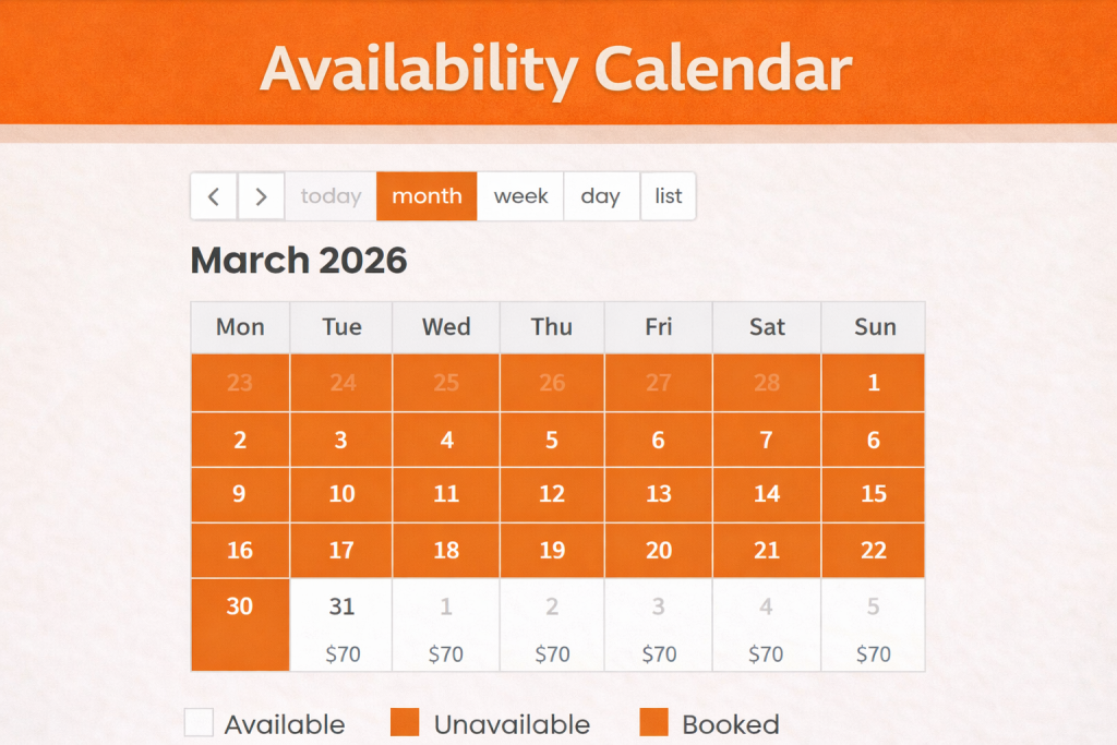 Availability calendar for a car rental website with orange header, cream background, March 2026 month view, navigation tabs, pricing, and legend for available, unavailable, and booked dates.