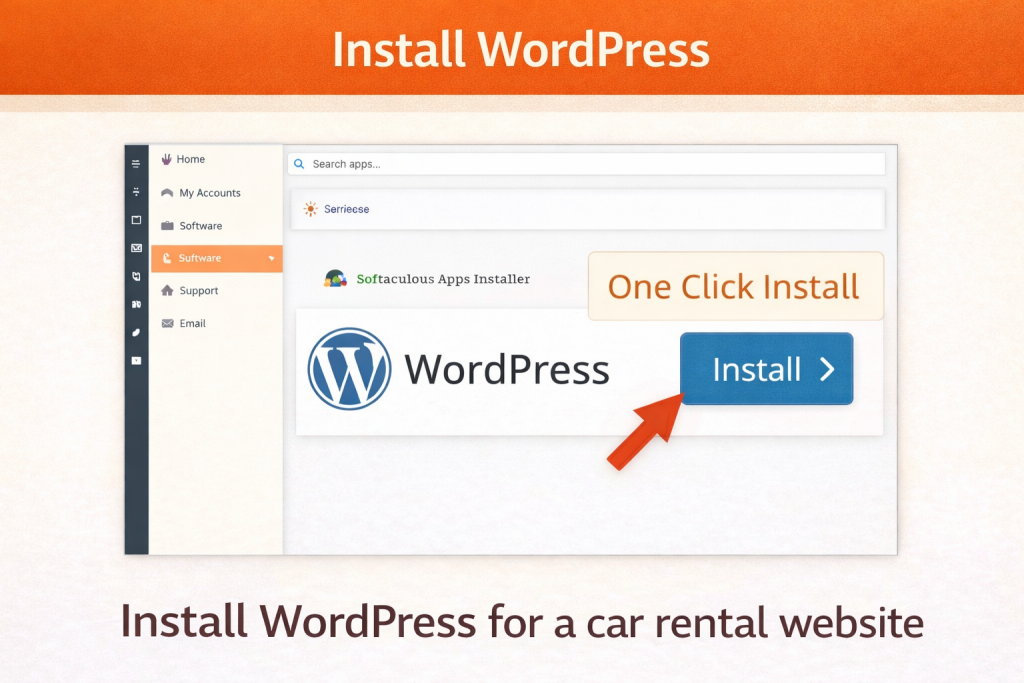 Install WordPress using one click install from hosting dashboard for car rental website