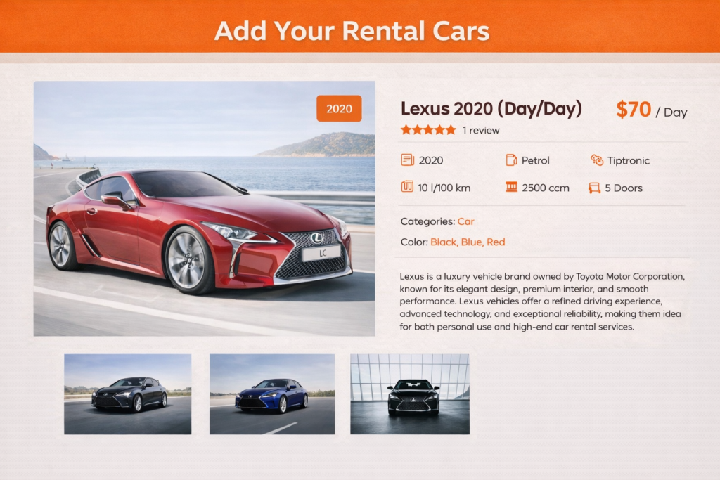Add Your Rental Cars banner with orange heading, white background, and a Lexus 2020 rental car detail layout showing price, specs, gallery, and booking-style presentation