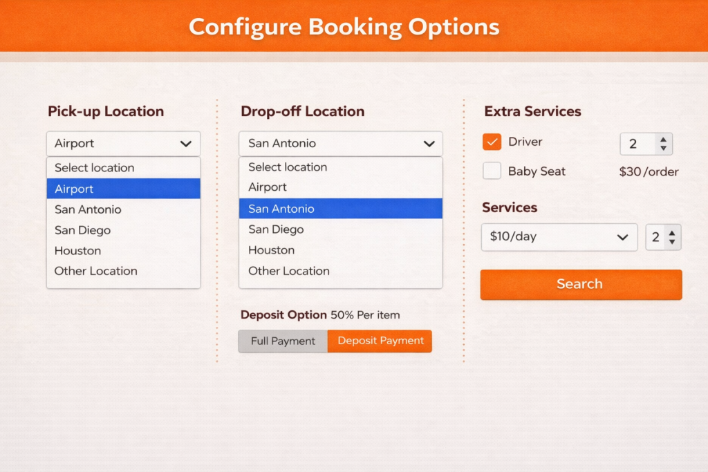 Configure Booking Options interface showing pick-up and drop-off locations, extra services selection, and deposit payment option in BRW car rental booking system.