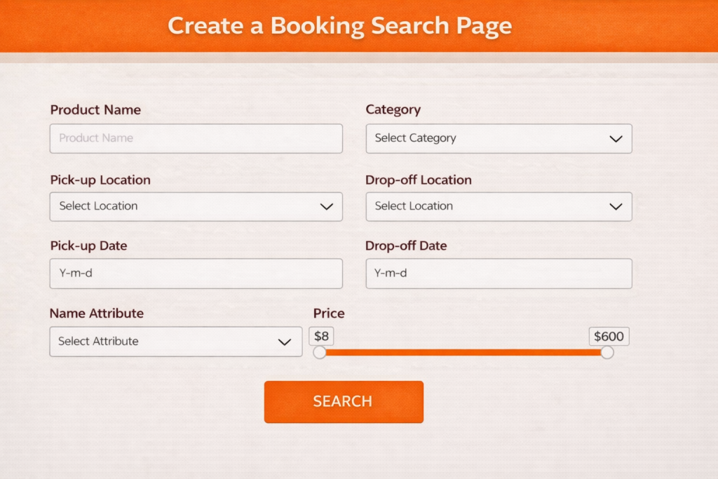 Car rental booking search page with orange heading, cream background, fields for product name, category, pick-up and drop-off locations, dates, attribute filter, price slider, and search button.