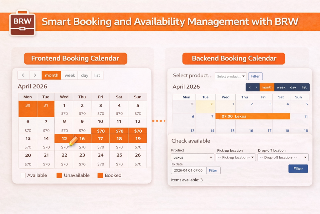Frontend and backend booking calendar interface showing availability, bookings, and reservation management in BRW car rental plugin