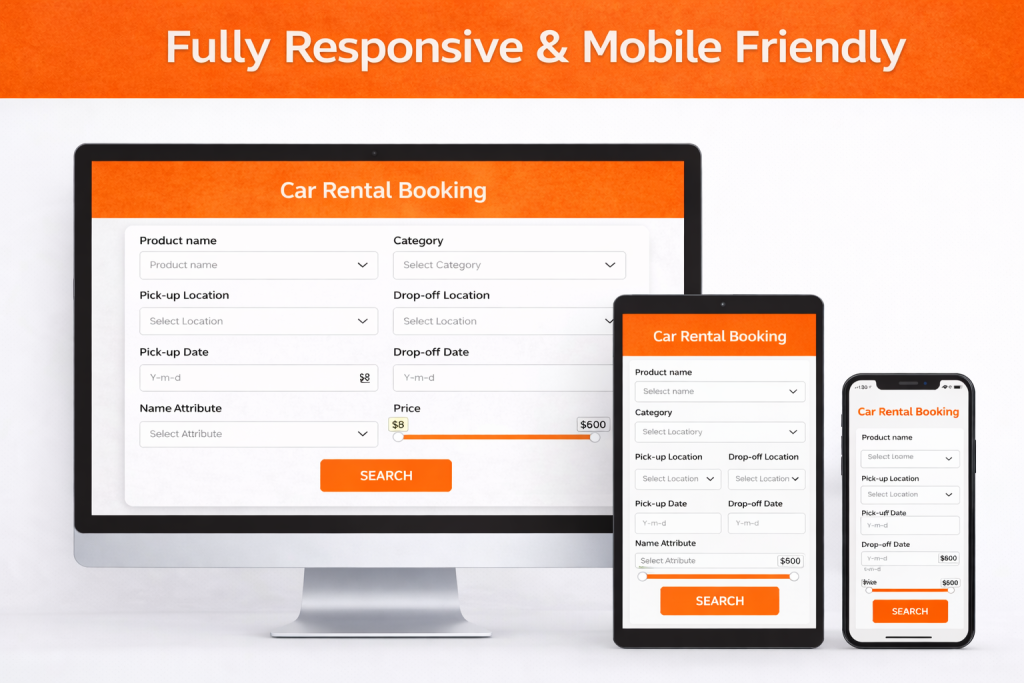 Fully responsive car rental booking form displayed on desktop, tablet, and mobile devices with BRW search form and price filter