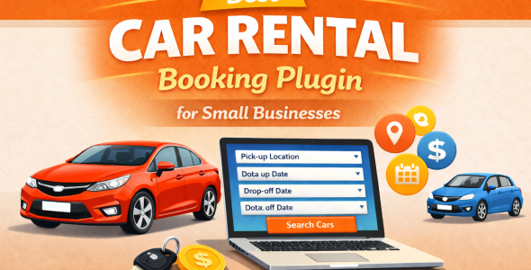 Promotional banner for a car rental booking plugin showing rental cars, laptop booking form, car key, money icon, and location and calendar symbols