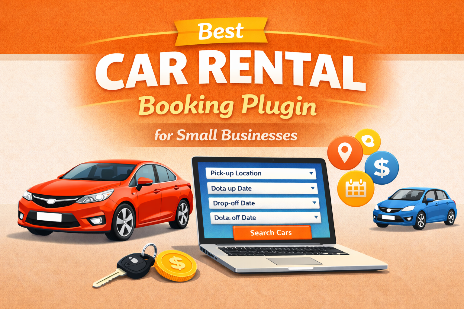 Promotional banner for a car rental booking plugin showing rental cars, laptop booking form, car key, money icon, and location and calendar symbols
