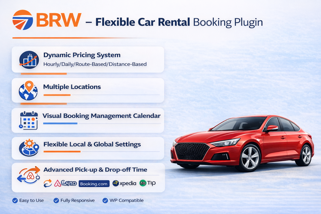 BRW booking and rental plugin for WooCommerce dashboard with booking calendar and multiple vehicles
