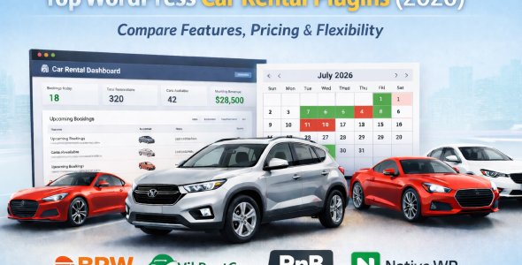 Top WordPress car rental plugins comparison 2026 including BRW, VikRentCar, RnB, Car Rental Booking System (QuanticaLabs), Car Rental System (Native WP Plugin)