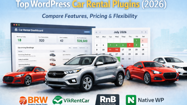 Top WordPress car rental plugins comparison 2026 including BRW, VikRentCar, RnB, Car Rental Booking System (QuanticaLabs), Car Rental System (Native WP Plugin)