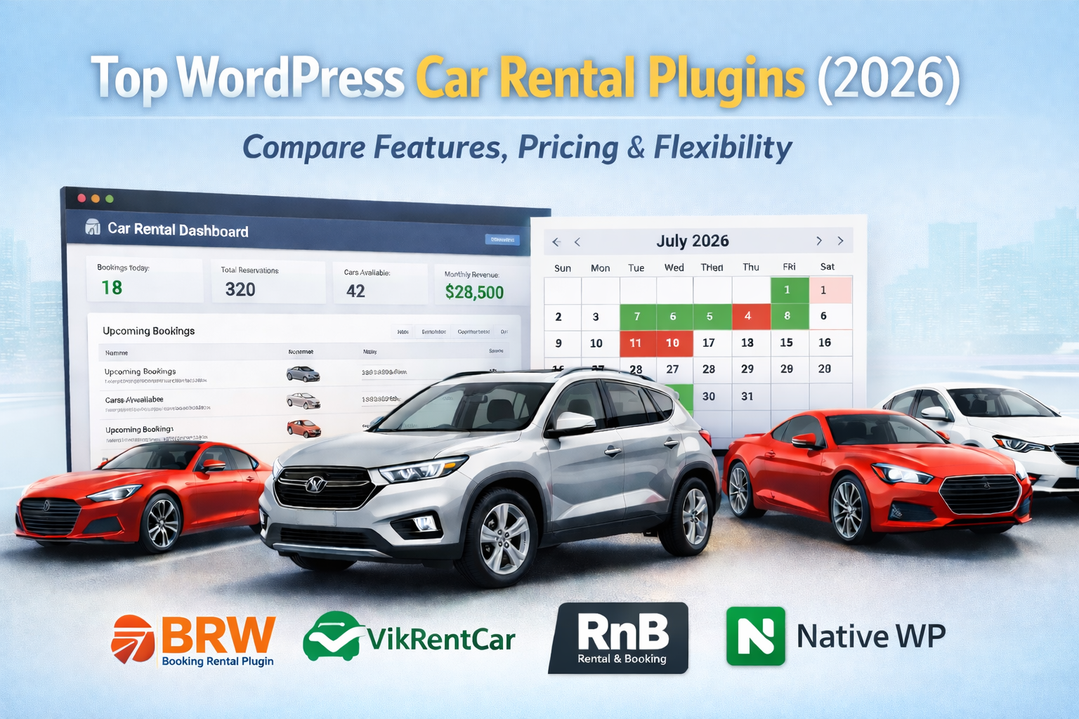 Top WordPress car rental plugins comparison 2026 including BRW, VikRentCar, RnB, Car Rental Booking System (QuanticaLabs), Car Rental System (Native WP Plugin)