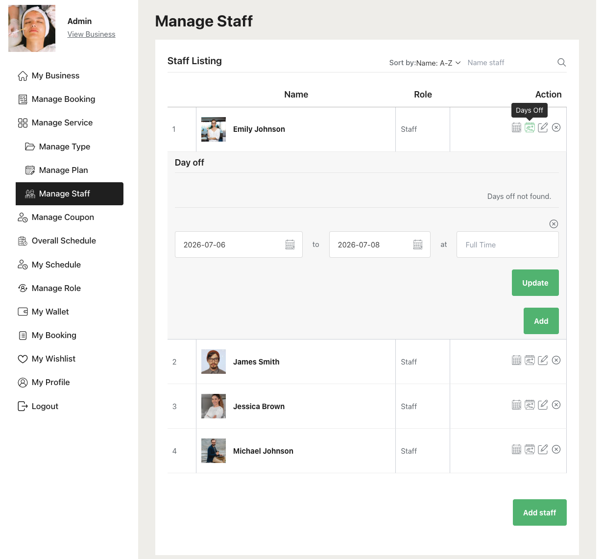 Day off staff - bookpro plugin