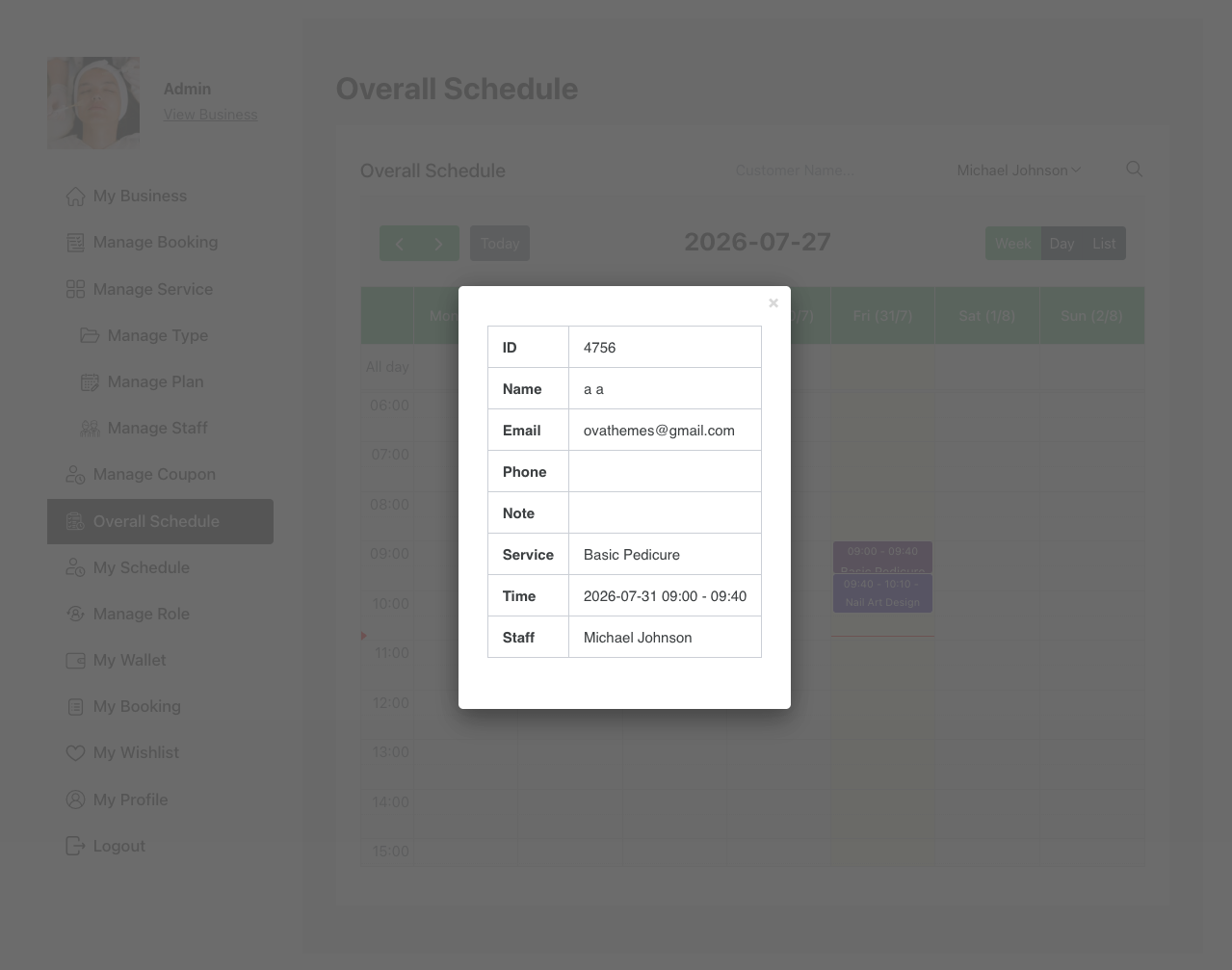 Schedule information of a staff - bookpro plugin
