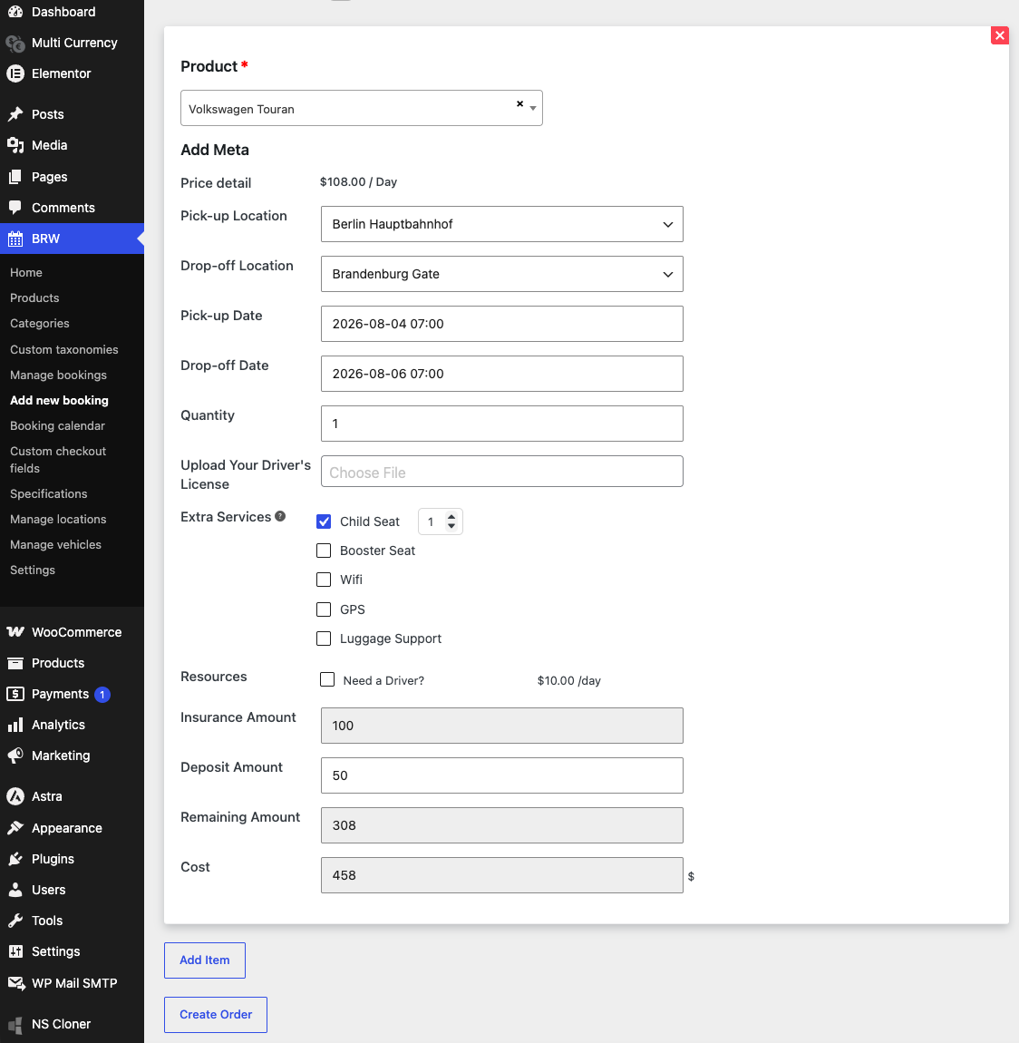 Add new booking manually in backend - BRW plugin