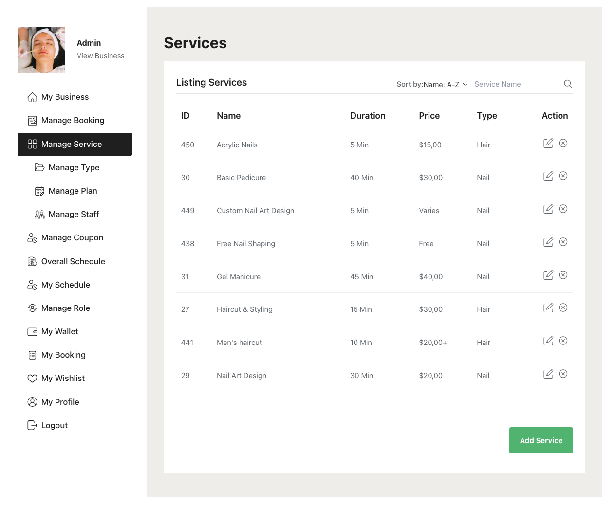 Service listing - bookpro plugin