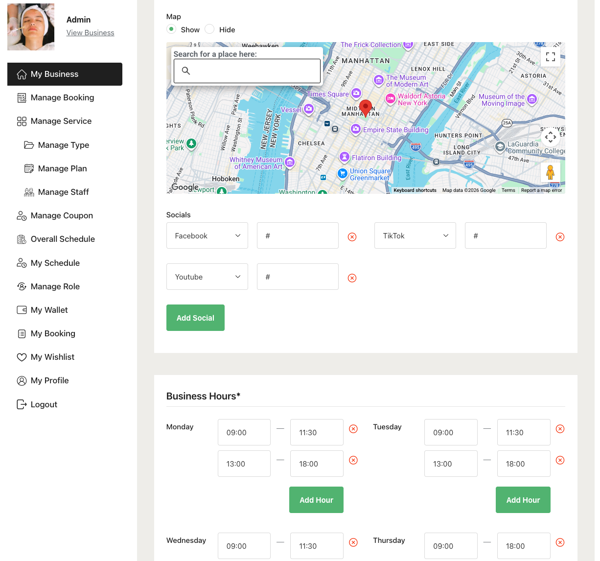 Setup the location, social and business hours in business page