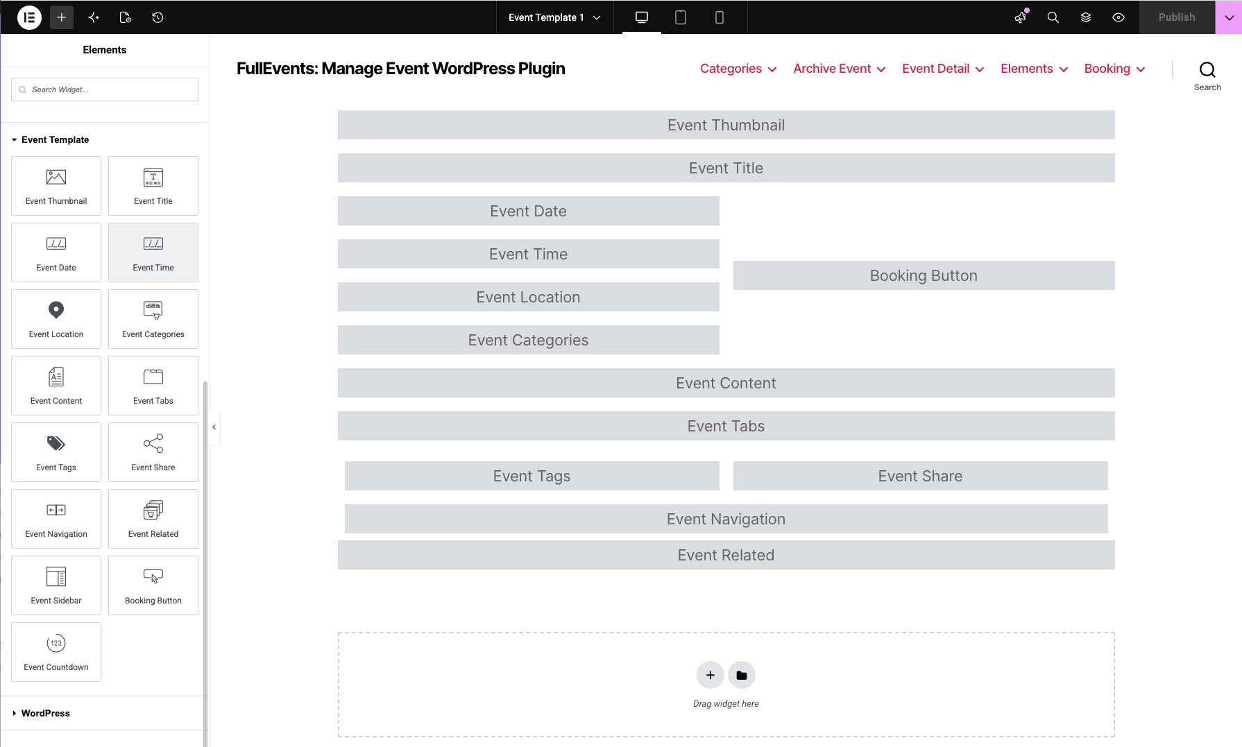 Build event template with elementor