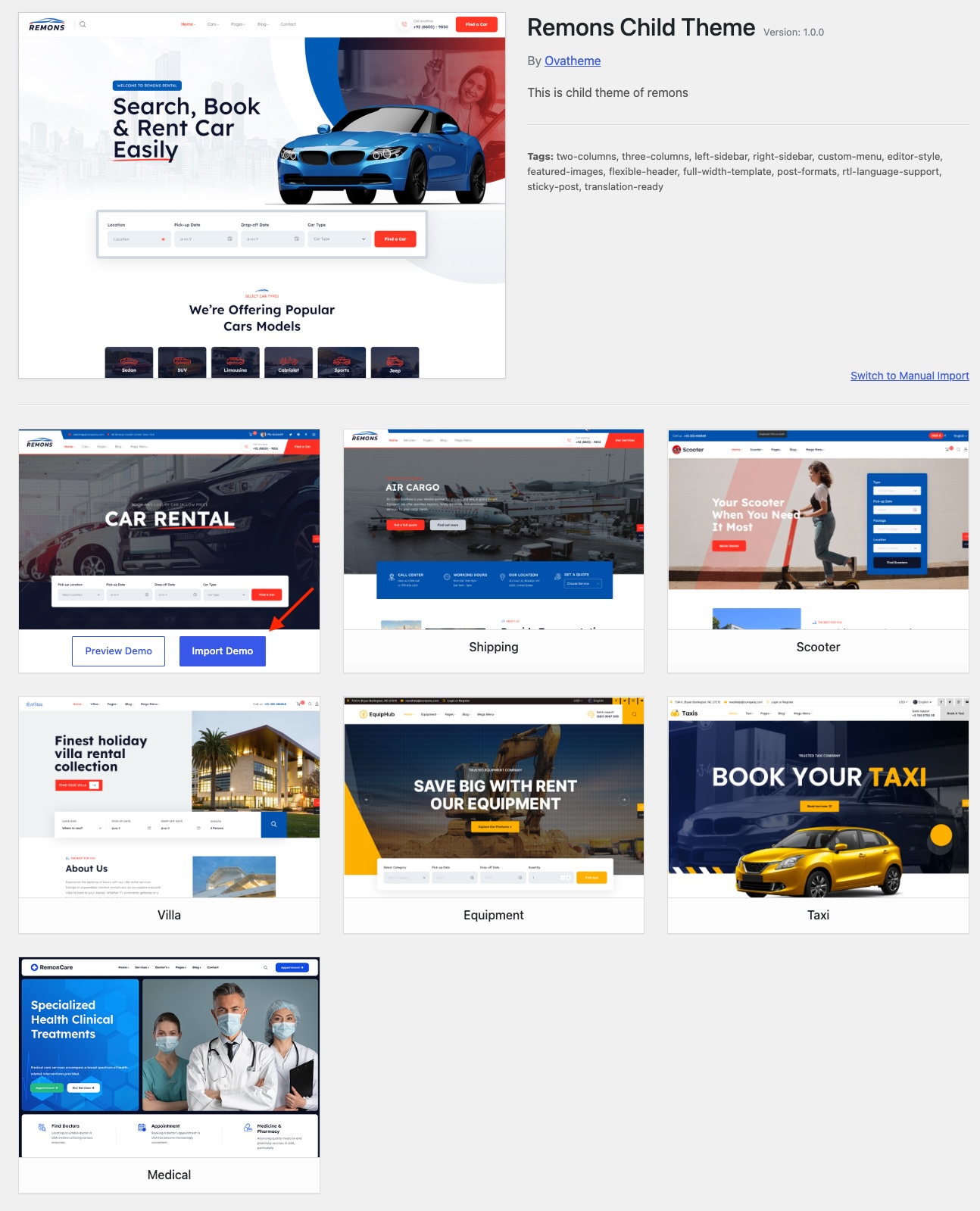One-Click Demo Import - remons theme