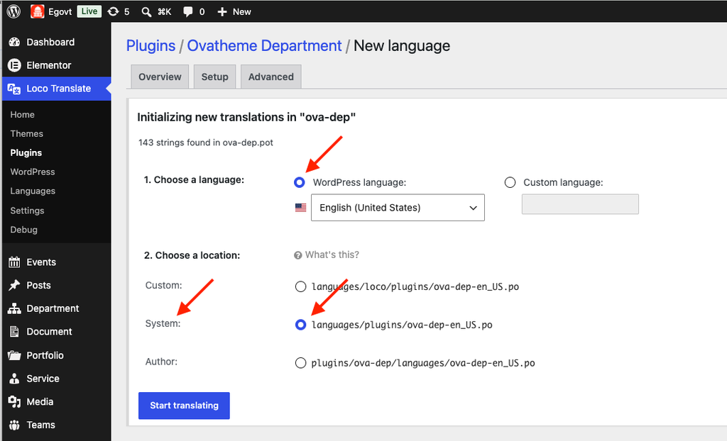 Select the language and system options for storing language files.