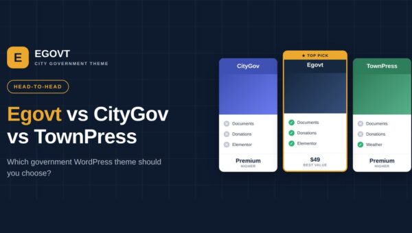 Egovt vs CityGov vs TownPress government WordPress themes compared, with Egovt as the top pick