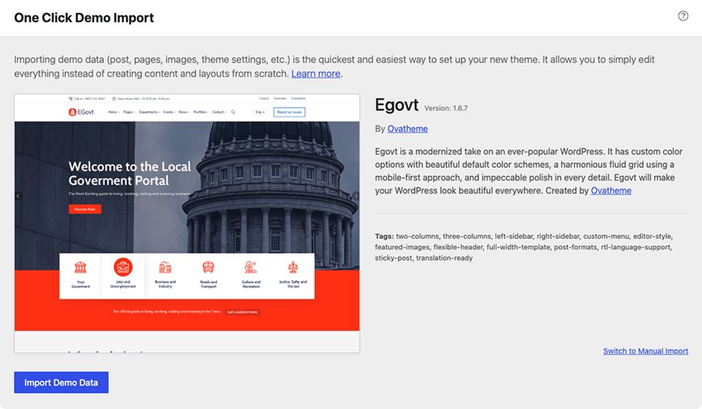 Running the one-click demo import in the Egovt WordPress theme