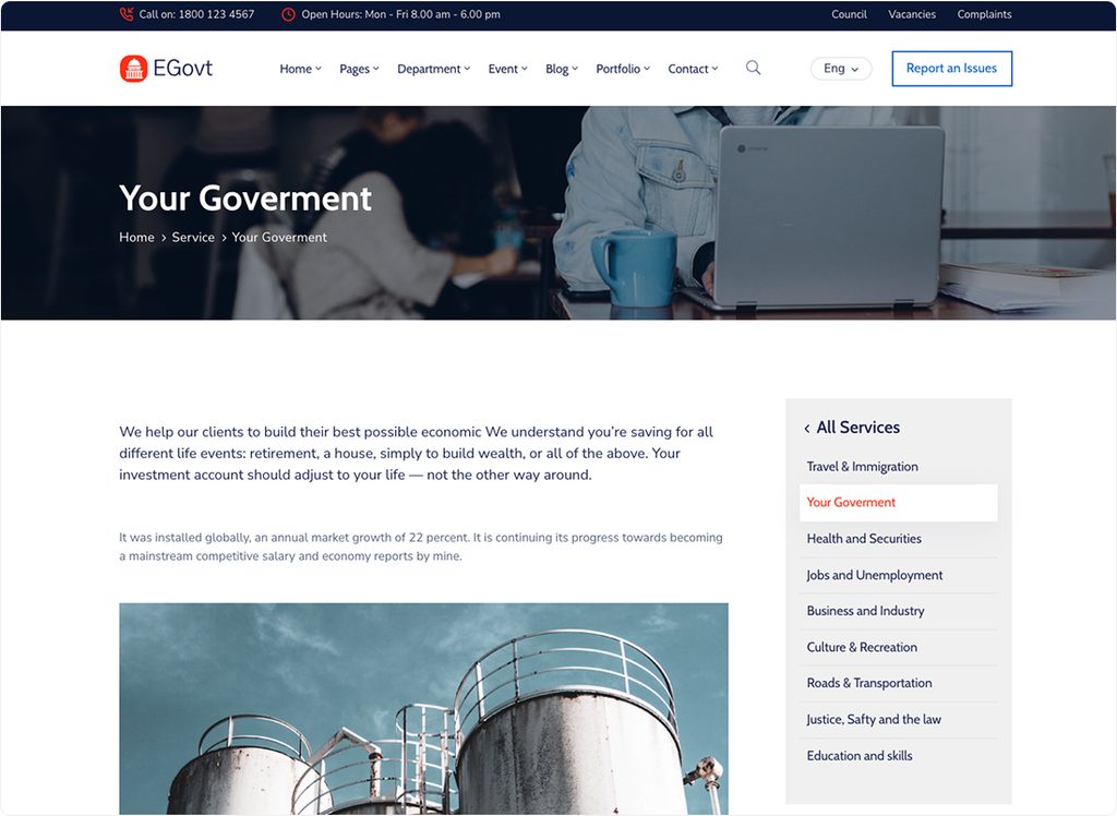 A public services section built with the Egovt Service Manager in WordPress