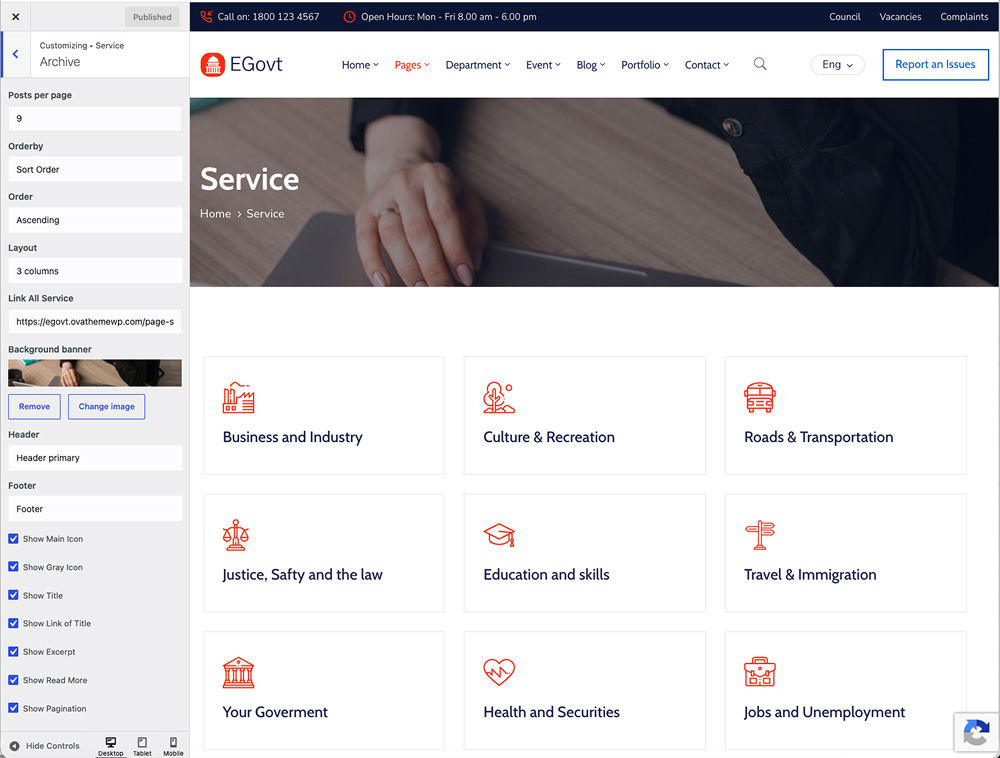 setup service listing in customizer
